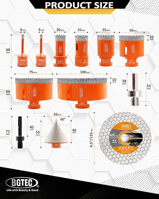 BGTEC Diamond Hole Saw Kit - 11PCS 6/6/20/25/35/50/75/100mm Drill Bits & 50mm Chamfering Bit & SDS/HEX & 115mm Tile Blade for Porcelain Tile Ceramic Granite Marble Stoneware