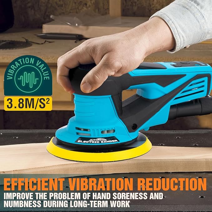 Autolock Electric Random Orbital Sander, 350W Brushless Motor with 5 & 6 Inch pads, 10000RPM Electric Palm Sander for Woodworking, Sanding and Polishing (Blue)