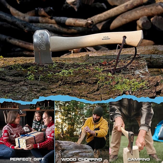 Prandi Axes Camping C45 Forged Carbon Steel Hatchet - Hickory Handle with Leather String - Ideal for Camping, Travel and Bushcraft - S/N 3.051.05.CH - 13" L x 5.22" W, 500g Polished Head, No Sheath