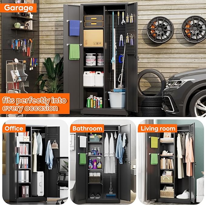 Aobabo Metal Cleaning Tool Storage Cabinet with Lockable Door, 13 Hooks and Towel Racks, Broom Closet Storage Cabinet for Janitorial Supplies, 71.37" H×33.93" W×16.92" D, Assembly Required, Black