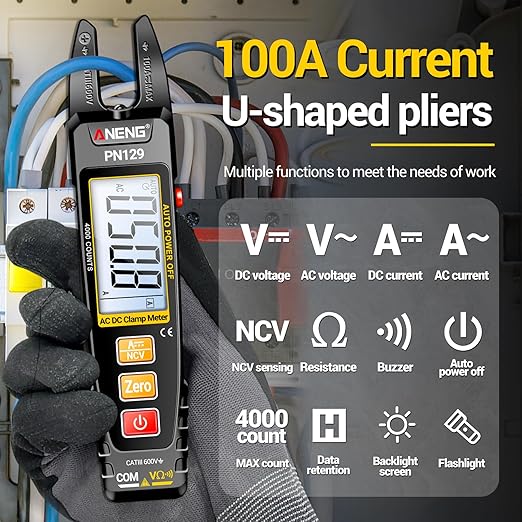 ANENG Clamp Meter Multimeter Tester TRMS 4000 Counts with U-Shaped Jaw with NCV Amp Ohm Volt Measures AC/DC Current, Voltage,Capacitance,Resistance,Continuity,Frequency Backlight Electrican Tools