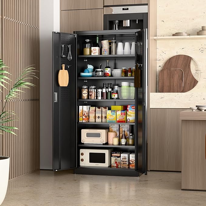 Aobabo 71" H×34" W×18" D Metal Storage Cabinet with Pegboards, Locking Steel Storage Cabinet with 5 Adjustable Shelves and 4 Hooks for Garage, Office, Black, Assembly Required