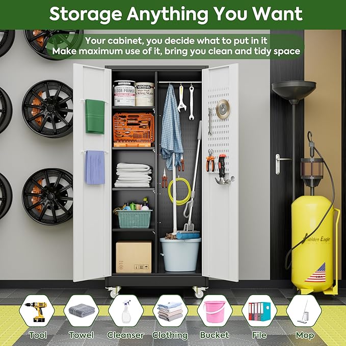 Garage Storage Cabinet with Wheels and Pegboard, Metal Broom Closet Storage Cabinet with Hanging Rod and Hooks for Garage, Bathroom, Home