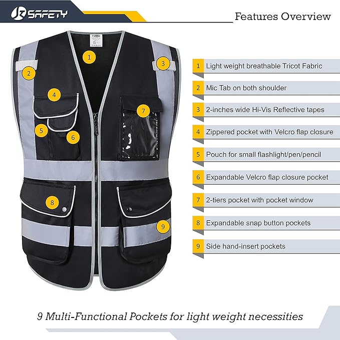 JKSafety 9 Pockets High Visibility Zipper Front Black Safety Vest With Reflective Strips,Meets ANSI/ISEA Standard (5X-Large, 150-Black)