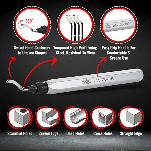 AFA Tooling - Deburring Tool with 11 High Speed Steel Swivel Blades - Works on Metal, Resin, PVC Pipes, Copper, Plastic and 3D Printed Edges - Plumbing & 3D Printing Burr Removal Reamer Tool