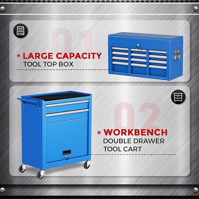 Crownland 8-Drawer Rolling Tool Chest with Wheels, Lockable 2 in 1 Detachable Tool Cabinet wit Drawers and Black Liners, Garage Top Toolbox & Bottom Storage Cart with Side Hooks(Blue)