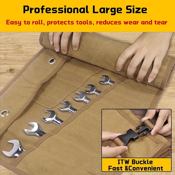 Wrench Roll 32 Pockets, Heavy-Duty 16 oz. Waxed Canvas Wrench Roll Up Bag Holds Wrench Wrap for Metric and SAE Wrenches, Wrench Pouch with Buckles and Handle, Sturdy Wrench Tool roll (Khaki)