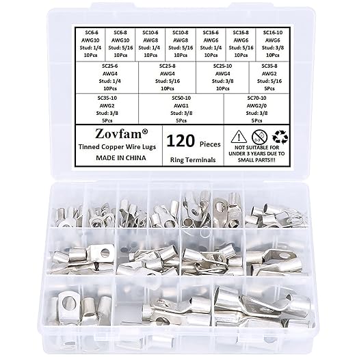 120 Pcs Assorted Heavy Duty Wire Lugs Battery Cable Tinned Copper Eyelets Tubular SC Ring Terminals Connectors with Spy Hole Assortment Kit