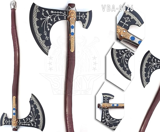 SHINY CRAFTS ® Hand-Forged Bearded Viking Axe – Inspired by Kratos Viking Axe Design Steel Hatchet with Leather Sheath & Wood Handle (VBA-26)