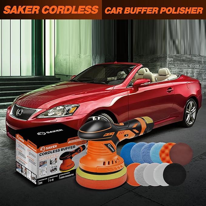 Saker Cordless Buffer Polisher, 6 Inch Fast Charging Portable Car Polishing Kit with 12V 2000mAh Battery, Polisher for Car Detailing Polishing Waxing