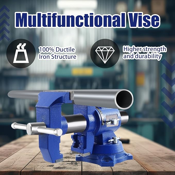 FATO Multipurpose Bench Vise 5 Inch Heavy Duty Ductile Iron 8800 Lbs Clamping Force, 360° Swivel Base, Anvil, Jaw Width 4.92", Jaw Opening 3.94", for Metalworking, Woodworking, DIY & Industrial, Blue