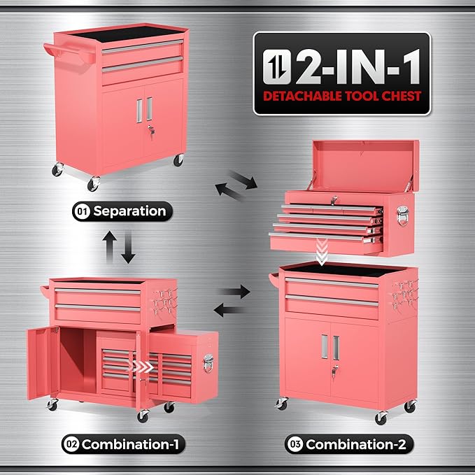 INTERGREAT Tool Chest, Assembled Tool Cabinet with 8 Drawers, Detachable Organized Tool Chests, Lockable Tool Cabinet for Workshop, Warehouse, Mechanics Garage (Pink)