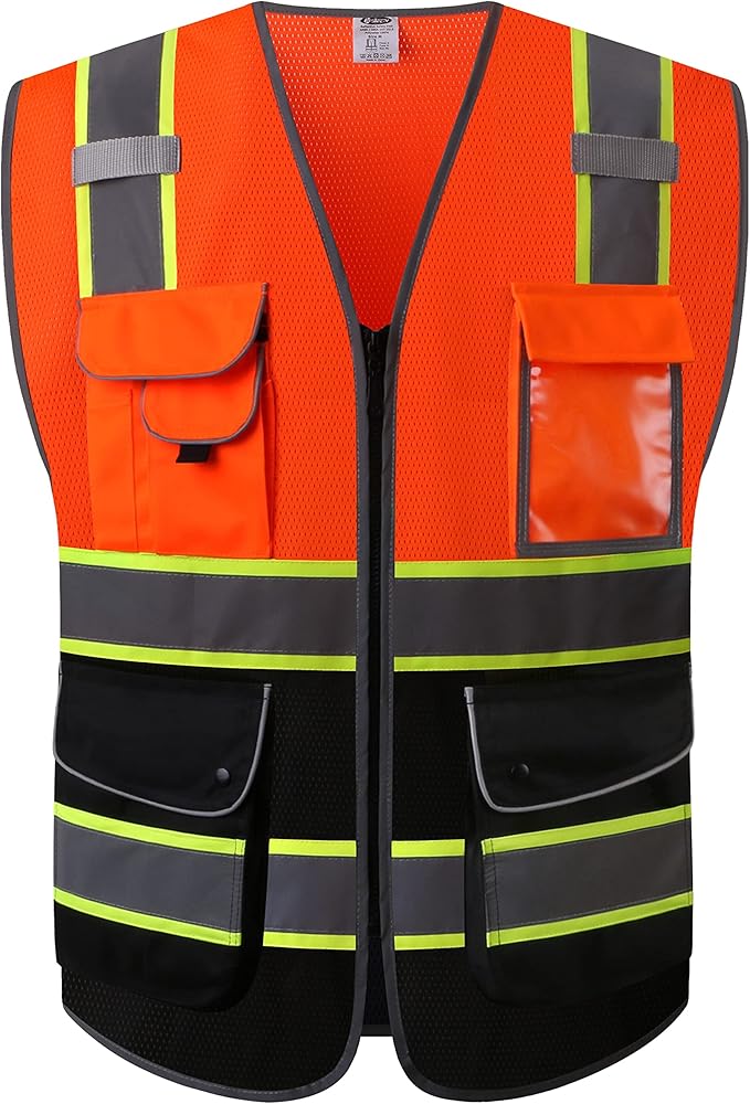 JKSafety 9 Pockets Hi-Vis Fluorescent Color Mesh Reflective Safety Vest for Men Women | Chaleco de seguridad para hombres y mujeres (100-Orange-Black 4XL)
