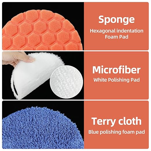 Buffing Polishing Pads - 7Pcs Face for Backing Plate, Car Compound Buffing Sponge Pads and Woolen Cutting Polishing Pad Kit (5 inch)