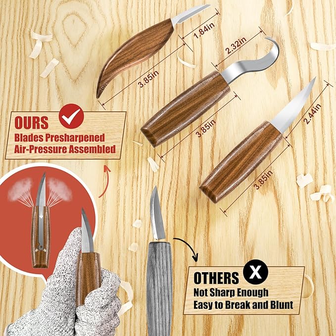 Wood Carving Kit, Whittling Kit for Beginners 17PCS Wood Carving Tools with 3PCS Whittling Knife 9PCS Basswood Blocks & Gloves & Strop Block & Polishing Compound Wood Carving Set Hobbies for Adults