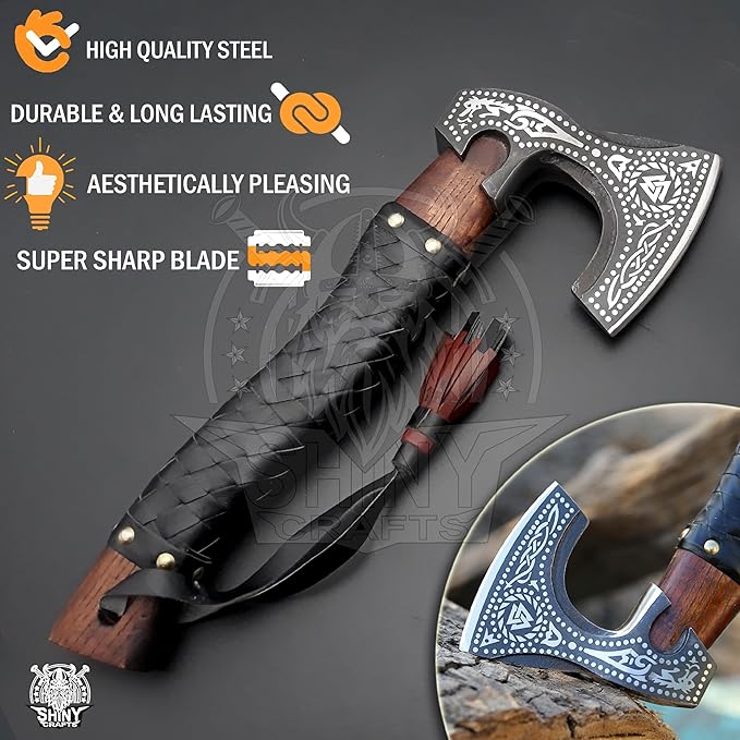 SHINY CRAFTS-Viking Axe Bearded Axe Tomahawk Birthday Gifts-Viking Axe Real, Bearded Axe Real Hatchet Russian Valknut Wood Working Tool with Premium Leather Sheath (SCA-10)