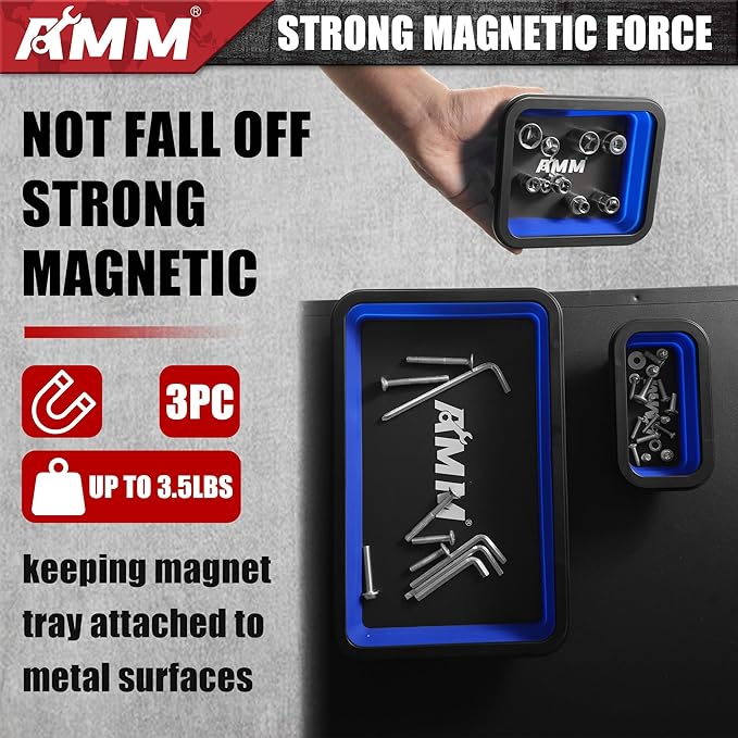 AMM Foldable Magnetic Parts Tray Set, 3 Different Size Magnetic Tool Trays for Bolts Screws Nuts & Small Metal Parts, Mechanic Tool Present for Men，Blue