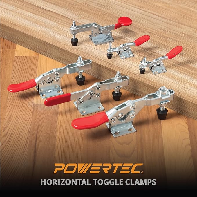 POWERTEC 8PK Toggle Clamp, 300 lbs Capacity, 201B Quick Release Horizontal Clamps w/Antislip Rubber Pressure Tip for Woodworking Jigs and Fixtures, Welding, Drill Press, Crosscut Sled (20327-P2)