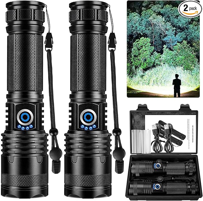 Flashlights High Lumens Rechargeable 2 Pack, Super Bright 99000 Lumens Led Flashlights with 5 Light Modes, Powerful Handheld Flash Light for Home Camping Eɱergencies, IPX6 Waterproof