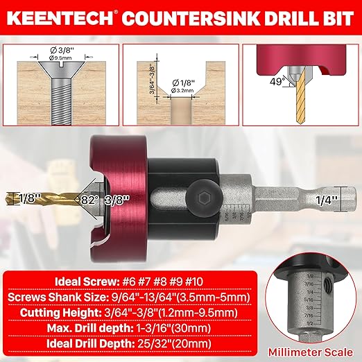 KEENTECH Carbide Tipped 82° Countersink Drill Bit with Depth Stop, 3/8" Dia x 1/8" Drill Diameter x 1/4" Shank, Adjustable Depth Stop with Ball Bearing for High Fine Finish on Softwood and Hardwood