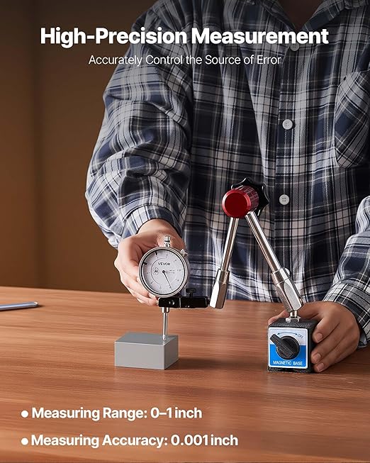 VEVOR Dial Test Indicator with Magnetic Flexible Base Stand, 0.001 inch Accuracy, 0-1 inch Range, Fine Adjustable Long Arm, Professional for Machine Set-Up, Narrow Area Measurement, Easy to Read