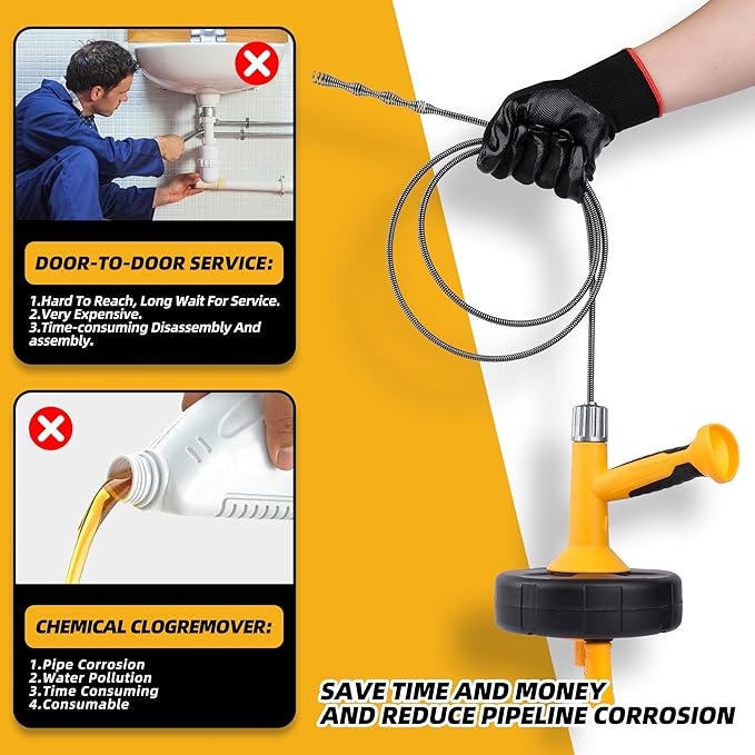 Drain Auger, Drain Snake With Drill Adapter, 25ft Plumbing Auger Heavy Duty Flexible Sink Steel Plumbing Auger Bathroom Hair Clog Removal Tool
