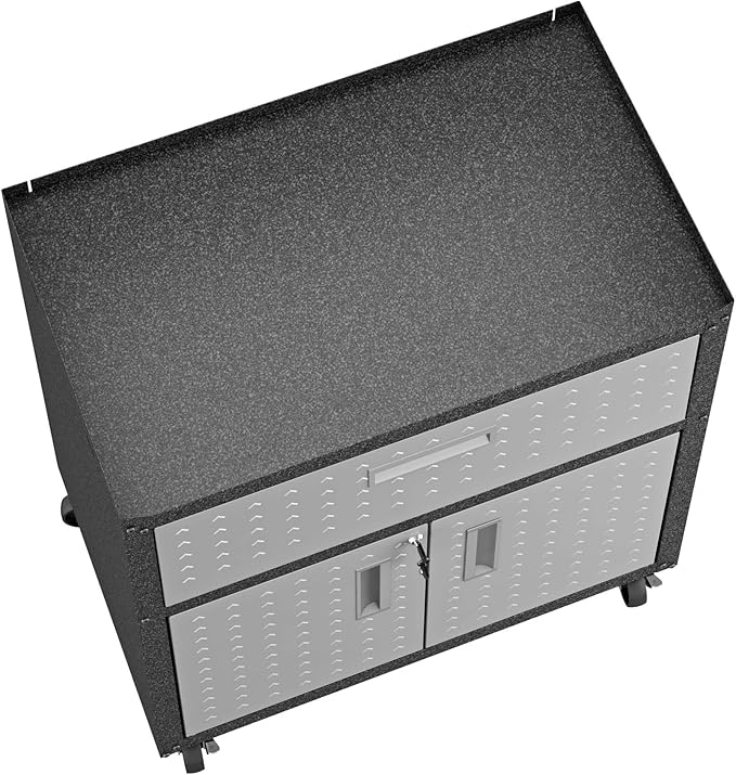 Manhattan Comfort Fortress Textured Metal 31.5" Garage Mobile Cabinet with 1 Full Extension Drawer and 2 Adjustable Shelves, Black/Gray