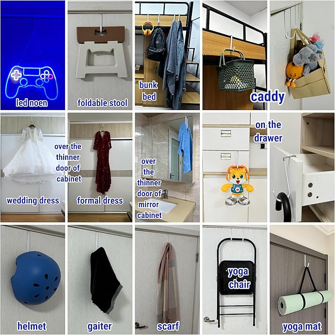 Over The Door Metal Hooks with Plastic Coating 5.5" Fit 0.5" to 1 3/4" Door 4 Pcs Heavy Duty Single Towel Robe Rack Wreath Bathroom Shower Hanger Shoe Organizer Ironing Board Short White