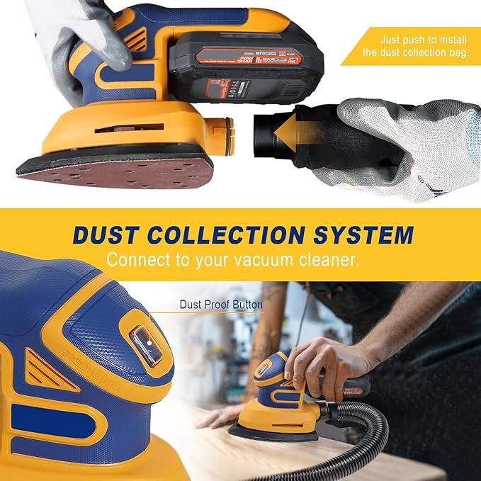 Cordless Detail Sander Compatible with Dewalt 20v Max Battery, 1.9Amp, Dust Collector, Brushless 12,000 OPM Speed, Compact Soft Palm Grip, 10pcs Sanding Pads, 2.0Ah Charger & Battery Kit