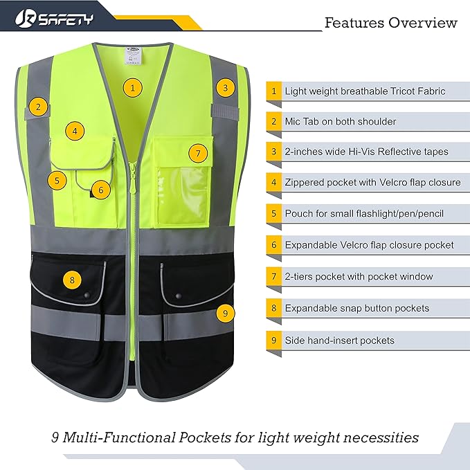 JKSafety 9 Pockets High Visible Reflective Safety Vest Zipper Front Breathable Lining, Yellow-Black Meets ANSI/ISEA Standards(150-Yellow-Black, XXL