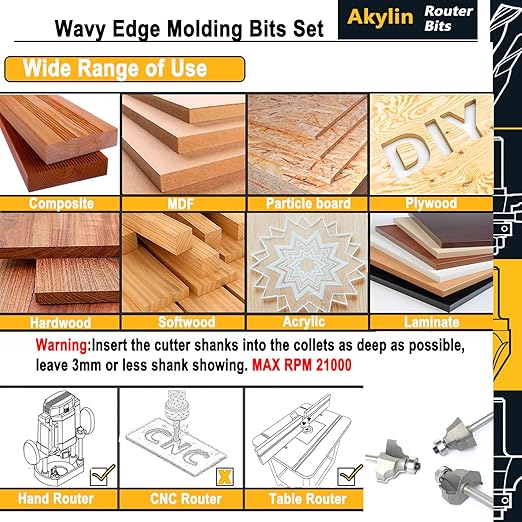 3Pcs Wavy Edge Molding Router Bits,1/4" Shank,3/4" Cutting Height ,3/8" Cutting Depth for Wood Table Edging,Picture Frames Profiling,Furniture Moulds Projects with Bearing Guided(3 Units/Pack)