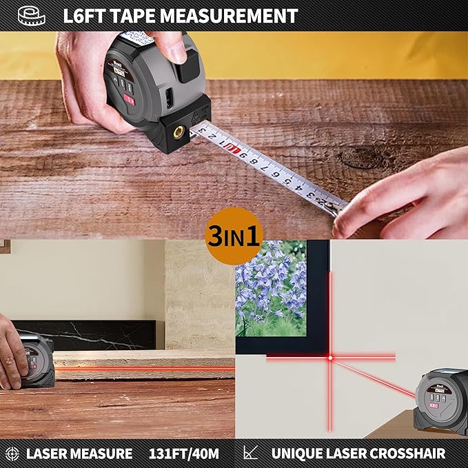 Laser Tape Measure 3-in-1 131ft Laser Measuring Tape & 16ft Woodworker Tape Measure & Crosshair, Area, Volume, Ft/Ft+in/in/M Unit Support for Decorating Architecture DIY Furniture