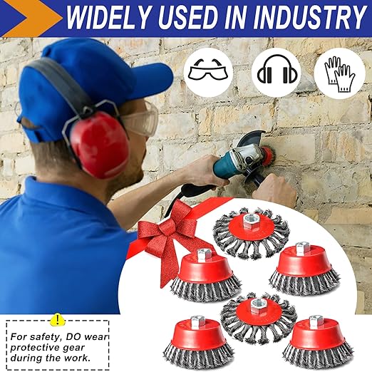 4 Inch Wire Wheel Brush Set for Grinder, DaduoRi 6 Pack Wire Wheels for 4 1/2 Angle Grinder, 5/8 Inch-11 Threaded Arbor-Coarse Crimped Twisted Knotted Cup Brush,Heavy Cleaning Rust Stripping Abrasive
