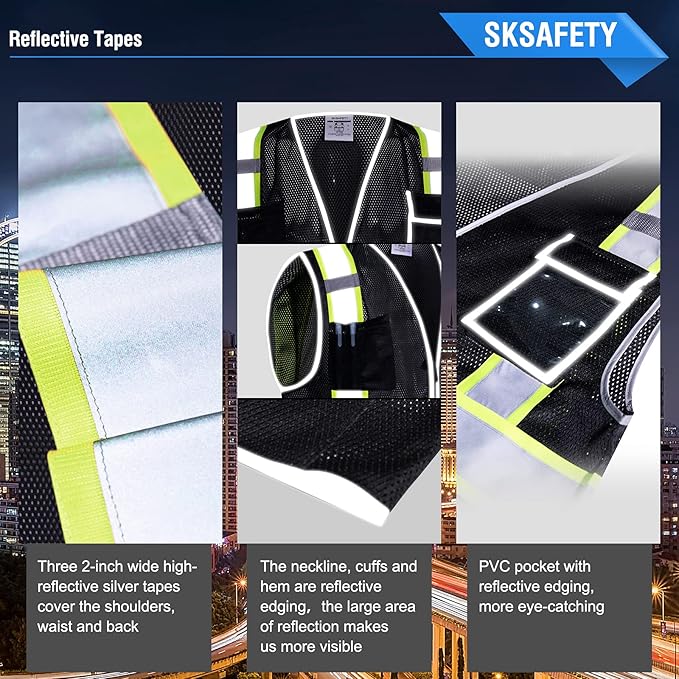 SKSAFETY 10 Pockets Safety Vest, Class 2 High Visibility Security with Zipper Double-sided mesh, Hi Vis Vest with Reflective Strips, ANSI/ISEA Standard, Construction Work Vest （Black, XL）