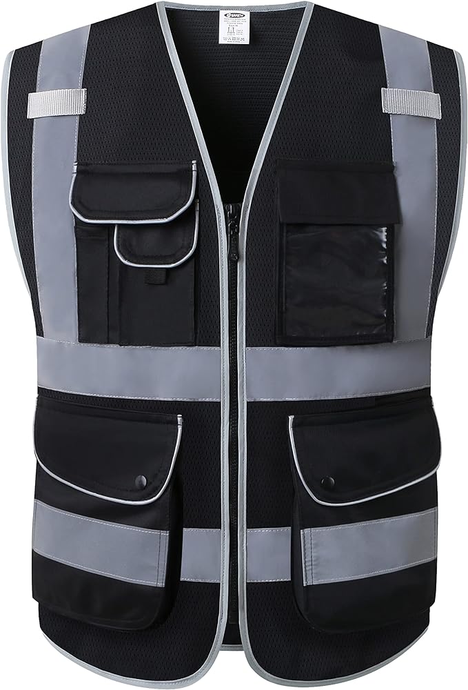 JKSafety 9 Pockets High Visibility Safety Vest for Men and Women, Hi-Vis Reflective Black Safety Vests with Zipper Front, Meet ANSI/ISEA Standards (159-Black 4XL)
