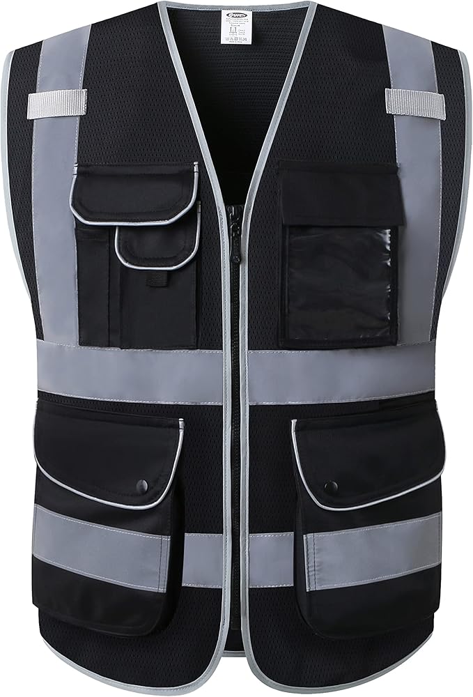 JKSafety 9 Pockets High Visibility Safety Vest for Men and Women, Hi-Vis Reflective Black Safety Vests with Zipper Front, Meet ANSI/ISEA Standards(159-Black XXL)