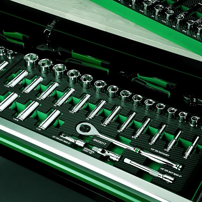 SK 1/2" Drive Socket Set with 160-P Ratchet, 34-Piece, SAE, SuperKrome Finish, Premium CR-V Construction, with EVA Foam Tool Organizer