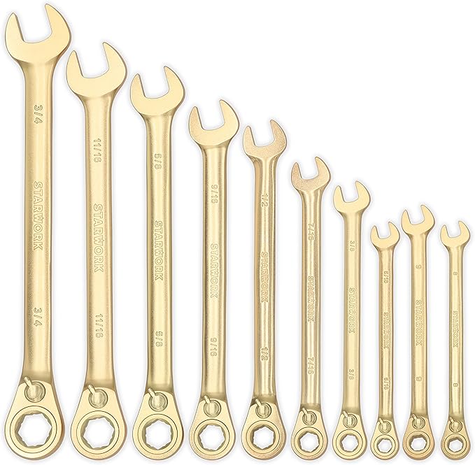 20 Pc. 6-Point SAE, Metric 15° Offset Vintage G-Plating Reversible Non-Slip Long Pattern Ratcheting Combination Wrench Set (5/16" -3/4" & 8-19 mm)