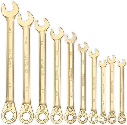 20 Pc. 6-Point SAE, Metric 15° Offset Vintage G-Plating Reversible Non-Slip Long Pattern Ratcheting Combination Wrench Set (5/16" -3/4" & 8-19 mm)