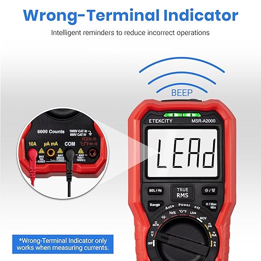Etekcity Digital Multimeter Voltmeter Tester TRMS 6000 Counts, AC DC Current Voltage Meter, Amp, Ohm, Diode, Capacitance, Frequency, Temperature, NCV, Resistance, Red, MSR-A2000