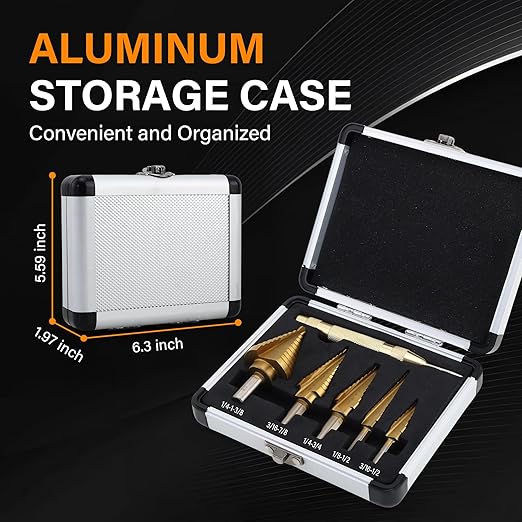 Step Drill Bit Set, 6Pcs HSS Titanium Step Bits with Automatic Center Punch, 50 Sizes Step Drill Bit for Metal, Wood with Aluminum Case