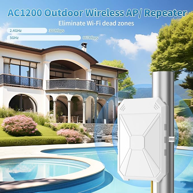 AC1200 Outdoor WiFi Extender, 5GHz /2.4GHz Outdoor WiFi Extender Signal Booster, IP67 Weatherproof, Passive PoE, Repeater/AP/Router Mode, Extend WiFi for Outdoor Camera, Patio, Garage, Farm