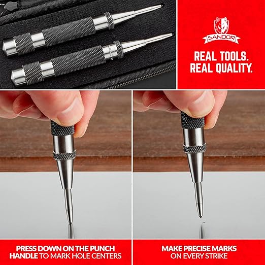 Heavy Duty Automatic Center Punch with Hardened Steel - Pack of 2 Premium Universal Metal Hand Tool for Machinists and Carpenters Spring Loaded with Adjustable Knurled Cap and Hard-Shell Carry Case