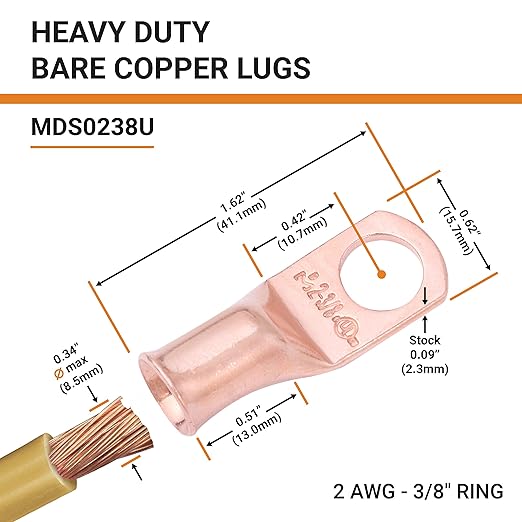 SELTERM 10pcs 2 AWG - 3/8" Stud - Battery Lugs, Heavy Duty Wire Lugs, Ring Terminals, Battery Cable Ends,2 Gauge Terminals, UL Bare Copper Eyelets Electrical Battery Terminal Connectors
