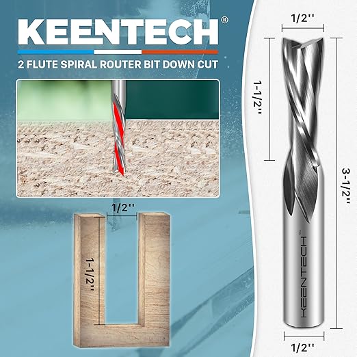 KEENTECH 1/2" Shank Downcut 2 Flute Flat Tip Sprial Router Bit for CNC Router Machine, 1/2" Cutting Diameter, 1-1/2" Cutting Depth, for Wood Cutting, Custom Furniture, Slot Mortise, Engraving