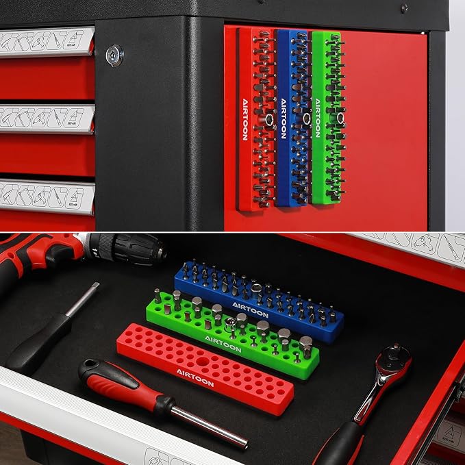 AIRTOON 3PCS 1/4" Magnetic Hex Bit Holder, 43 Holes Bit Storage with Strong Magnetic Base, Magnetic Screwdriver Bit Organizer, Red, Blue and Green