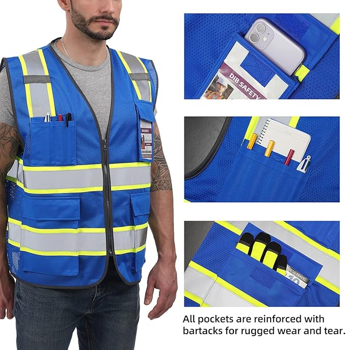 Dib Safety Reflective Mesh Vest High Visibility Two Tone with Pockets and Zipper, Blue Mesh with Yellow Trim 2X