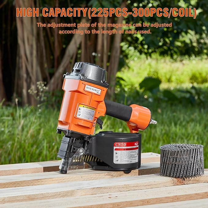 CN70 Pneumatic Siding Nail Gun for 1-3/4-Inch to 2-3/4-Inch 15-Degree Nails, Coil Siding Nailer with Rapid Shooting Rapid Shooting Engine for Pallets, Siding, Crating, Fencing, Decking