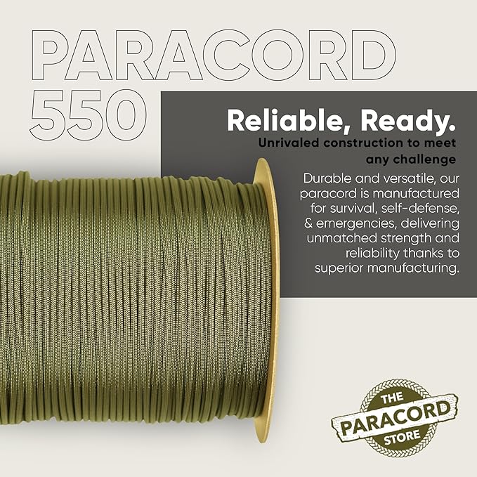 The Paracord Store | Type III 550 Paracord - 1000 FT Spool, Olive Drab | Heavy Duty 7 Strand Tactical Paracord - USA Made Nylon Outdoor Parachute Cord for Camping, Fishing & More - Survival Cord