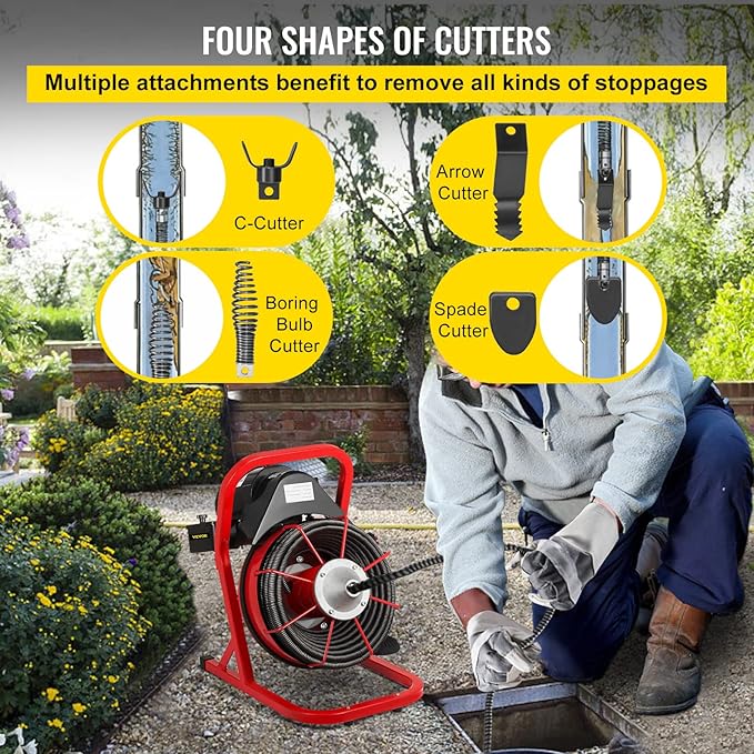 VEVOR 50FT x 1/2 Inch Drain Cleaning Machine, 250W Electric Drain Auger, Portable Sewer Snake Auger Cleaner with Cutters & Air-Activated Foot Switch for 1" to 4" Pipes, Black, Red